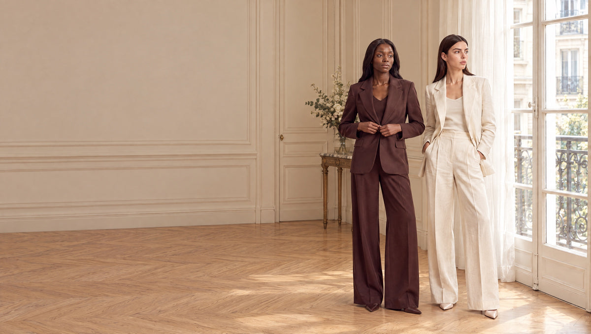 Les Ensembles RUYA — deux tailleurs complets bordeaux et crème