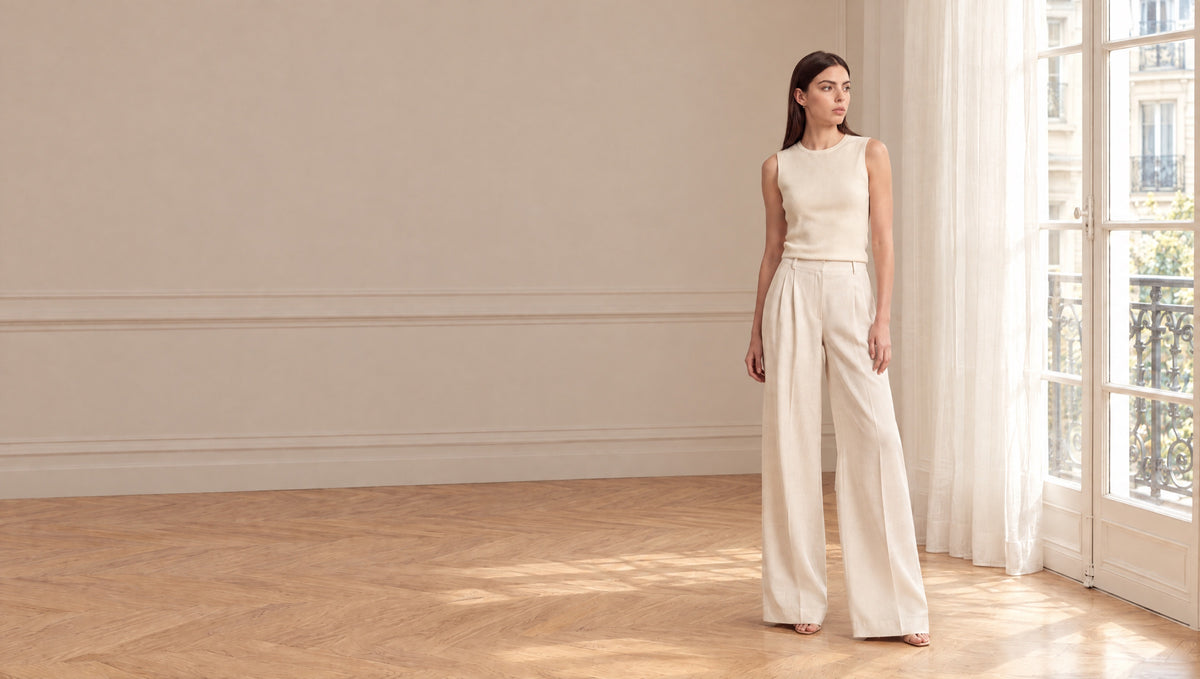 Les Essentiels RUYA — top écru et pantalon large crème, total look neutre