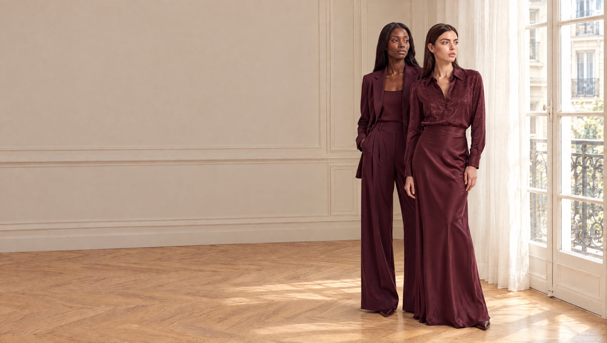 Signature Bordeaux RUYA — deux total looks bordeaux, chemise et jupe longue