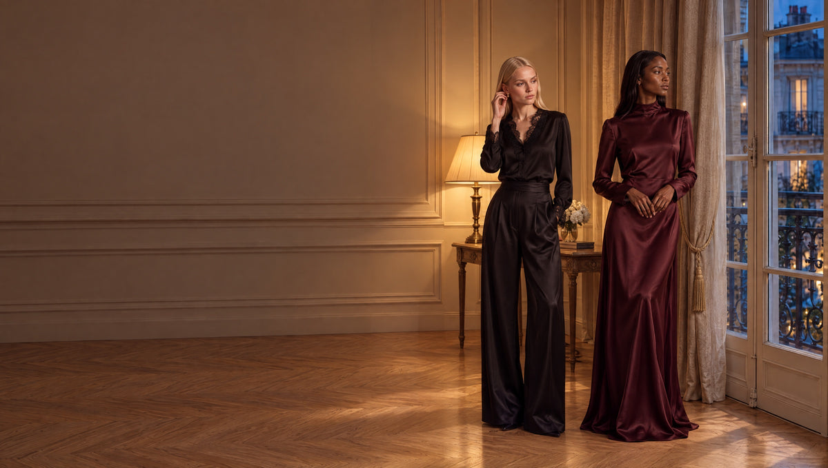 Le Vestiaire du Soir RUYA — satin noir et bordeaux en lumière du soir