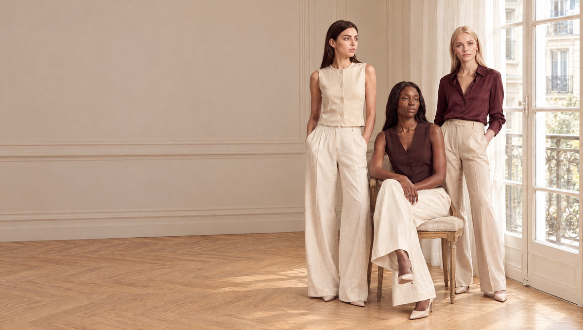 Le Vestiaire RUYA — trois silhouettes en neutres et bordeaux dans un salon parisien