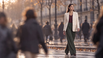 RUYA — blazer crème, top bordeaux et pantalon olive dans la foule