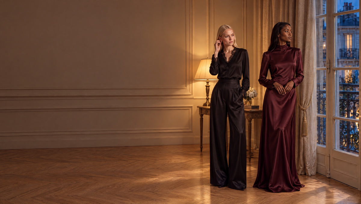 RUYA — Le Vestiaire du Soir, satin noir et bordeaux